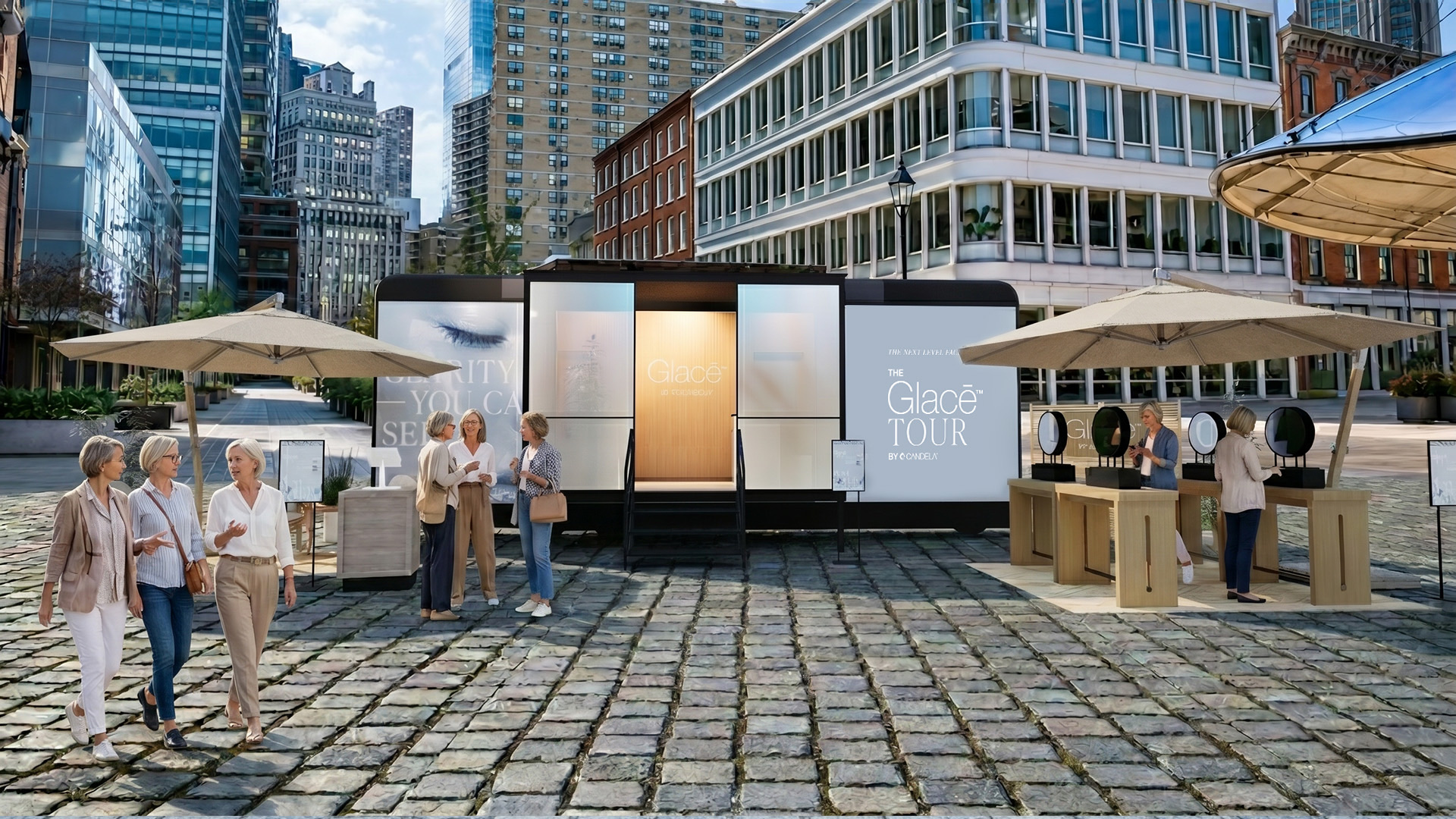 Front rendering of the Candela Glacē Tour activation with exterior guest areas.