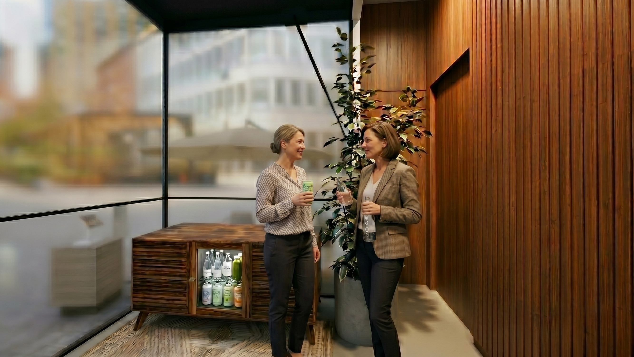Rendering of the Glacē Tour hydration station with wood wall and beverage display.