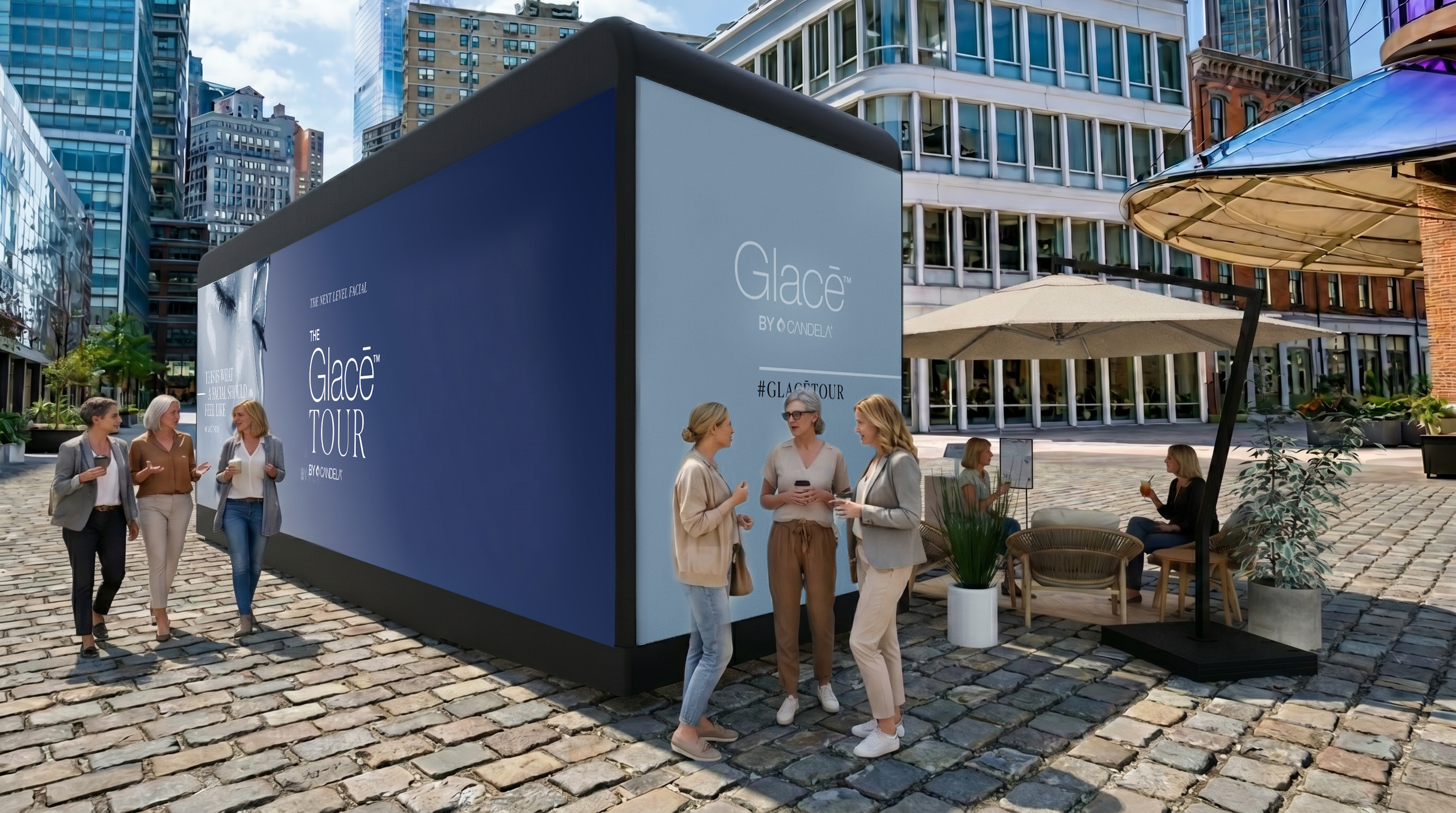 Side rendering of the Glacē Tour activation with lounge and exterior branding.