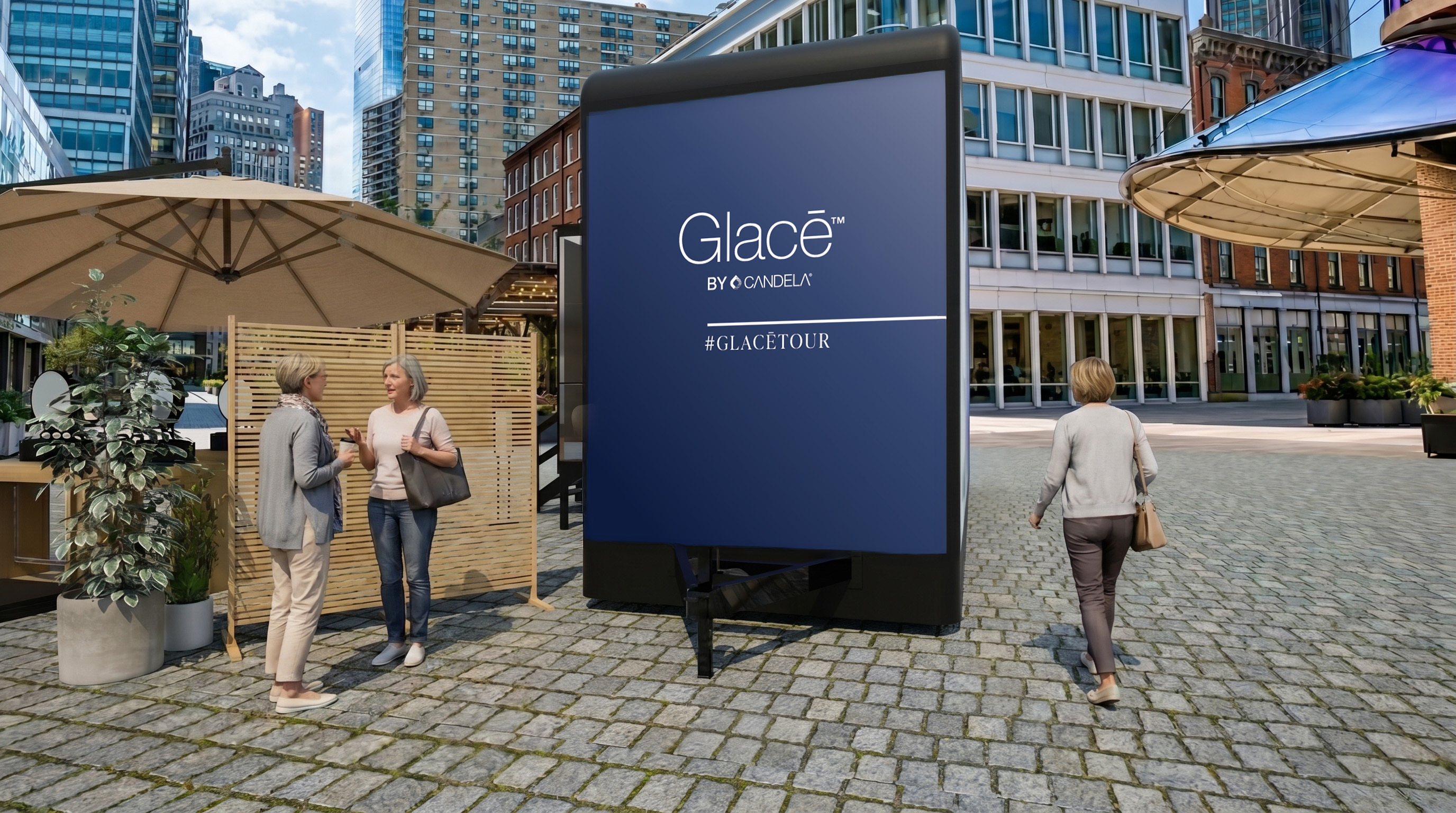 Alternate side rendering of the Glacē Tour activation and umbrella lounge area.