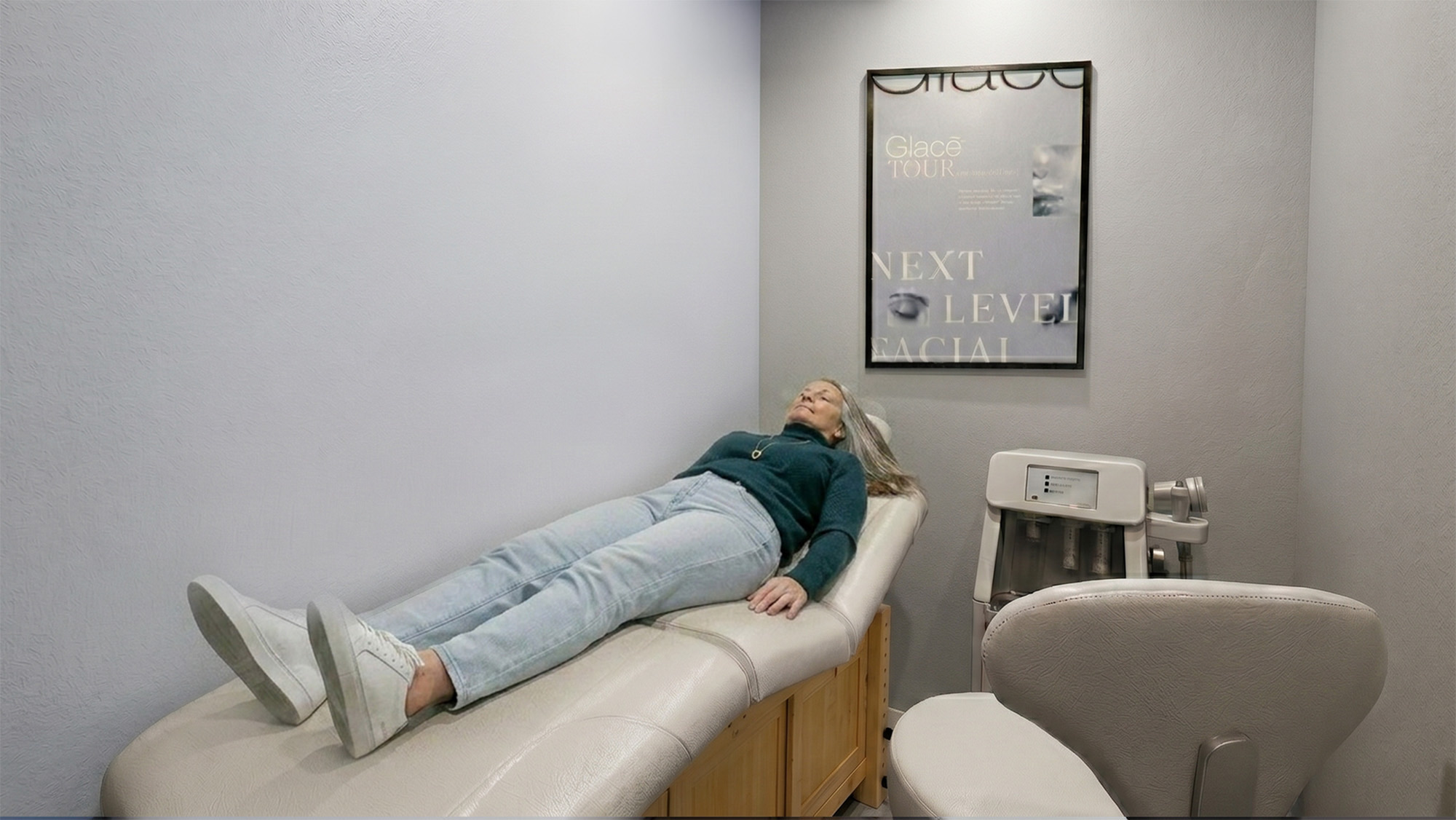 Rendering of a Glacē Tour treatment room with equipment and wall graphics.