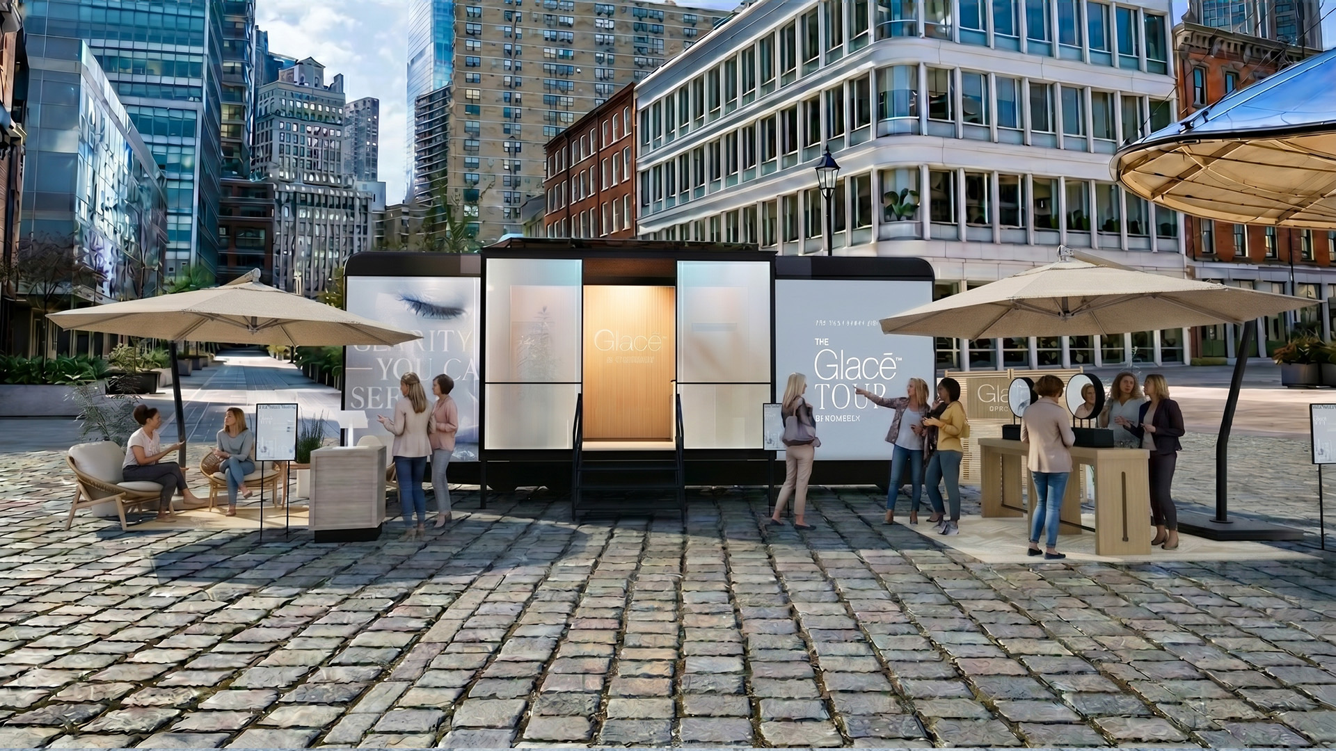 Wide rendering of the Candela Glacē Tour activation in an urban plaza.